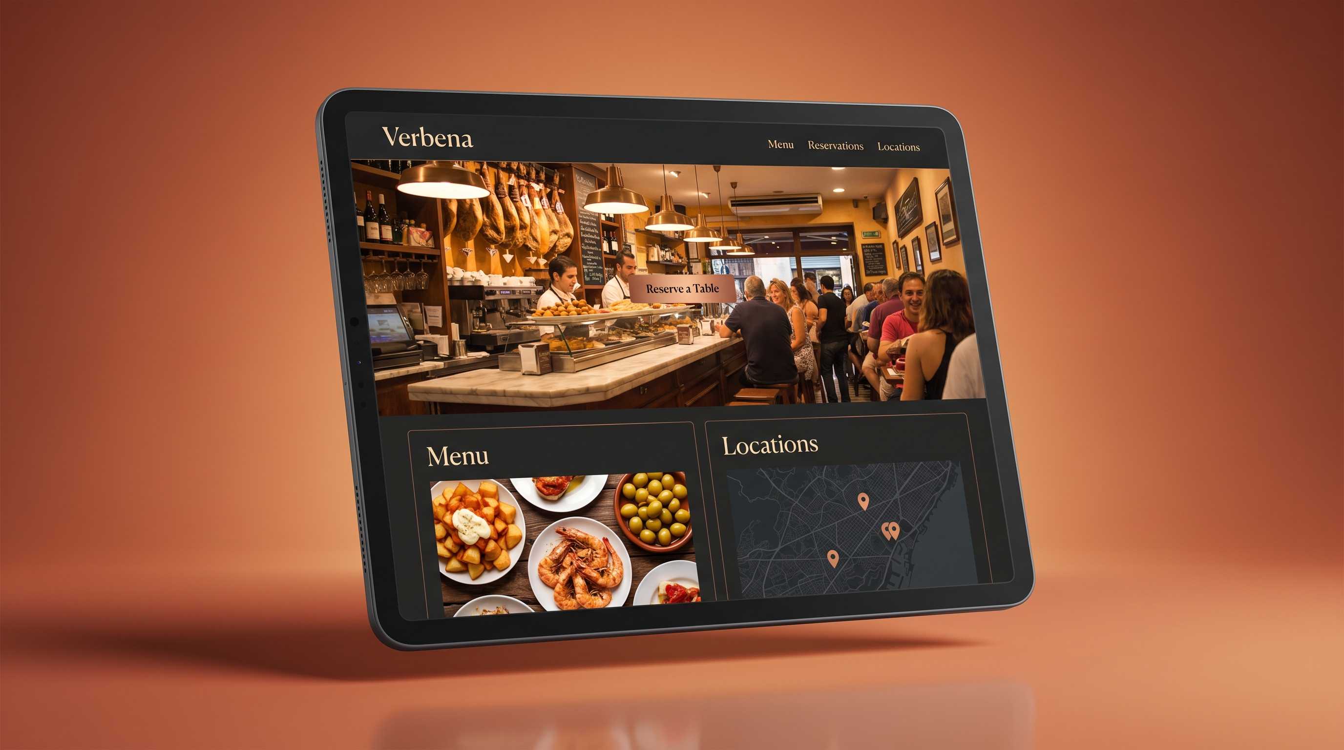 Verbena tapas restaurant website shown on a tablet