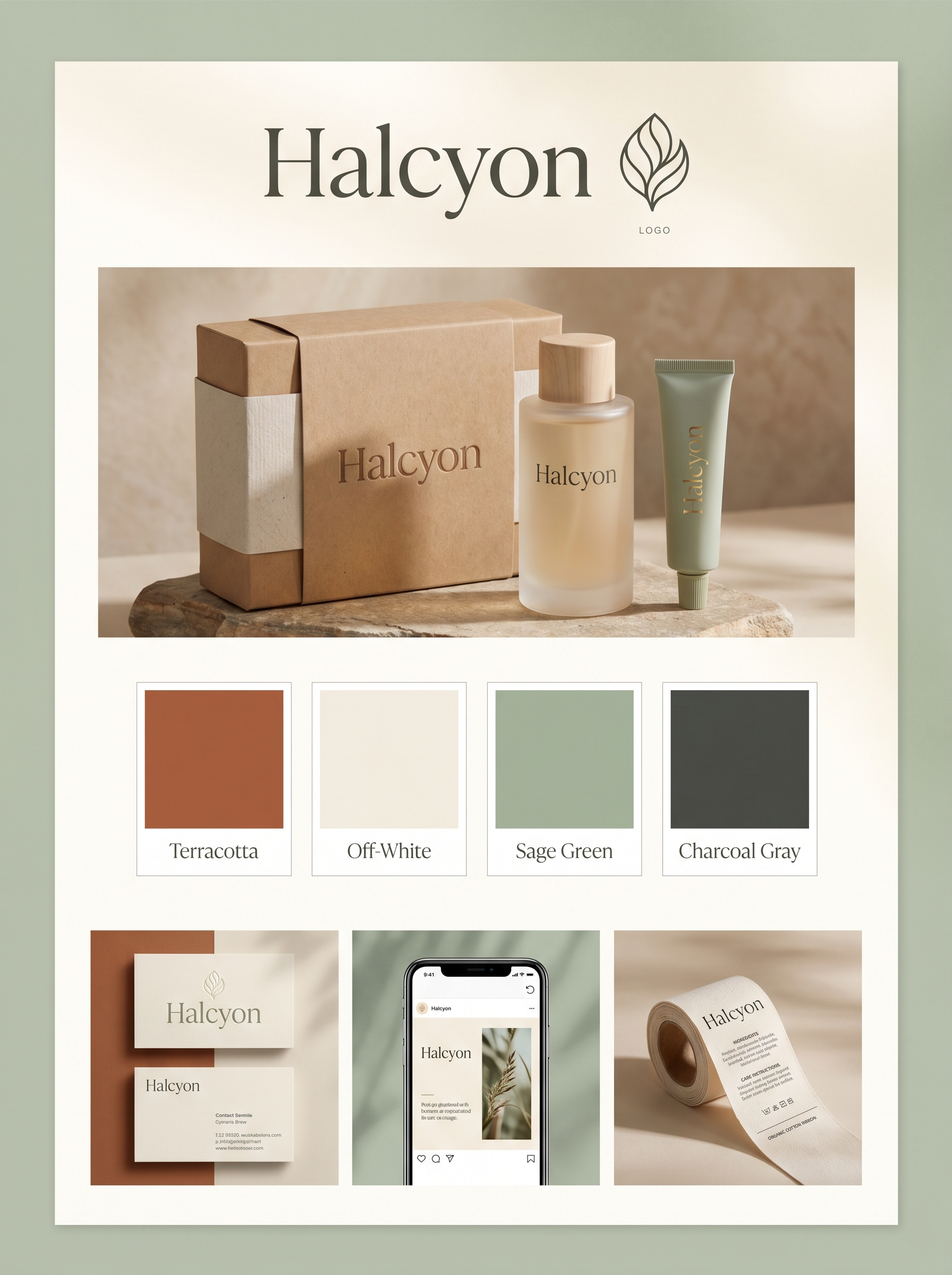 Halcyon brand identity board with logo, packaging and color palette