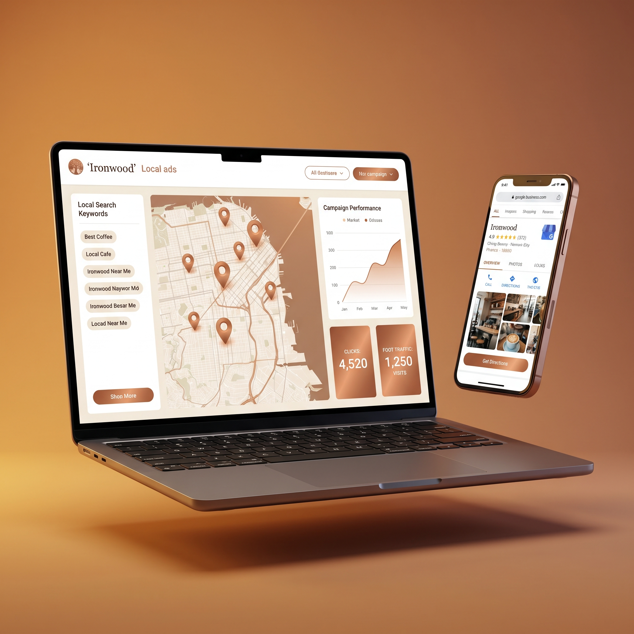 Ironwood local ads dashboard with map and campaign metrics